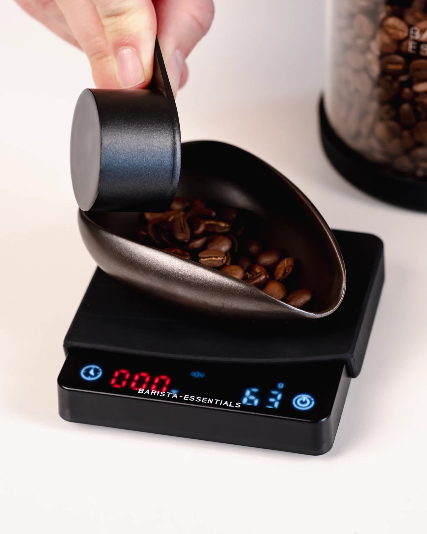 Coffee scale with timer mini with coffee dosing tray and coffee storage jar