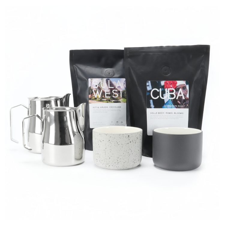 barista set - cadeau -latte art - melkkannetjes - cappuccino kopjes